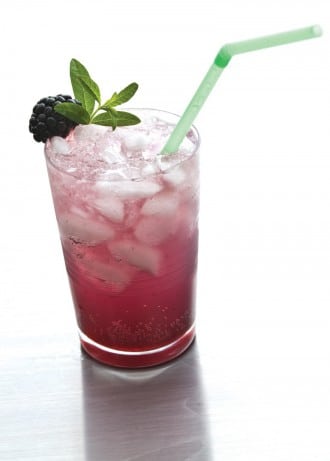 Non-Alcholic Blackberry Soda. Sauce it up with Vodka & a Mint leaf.